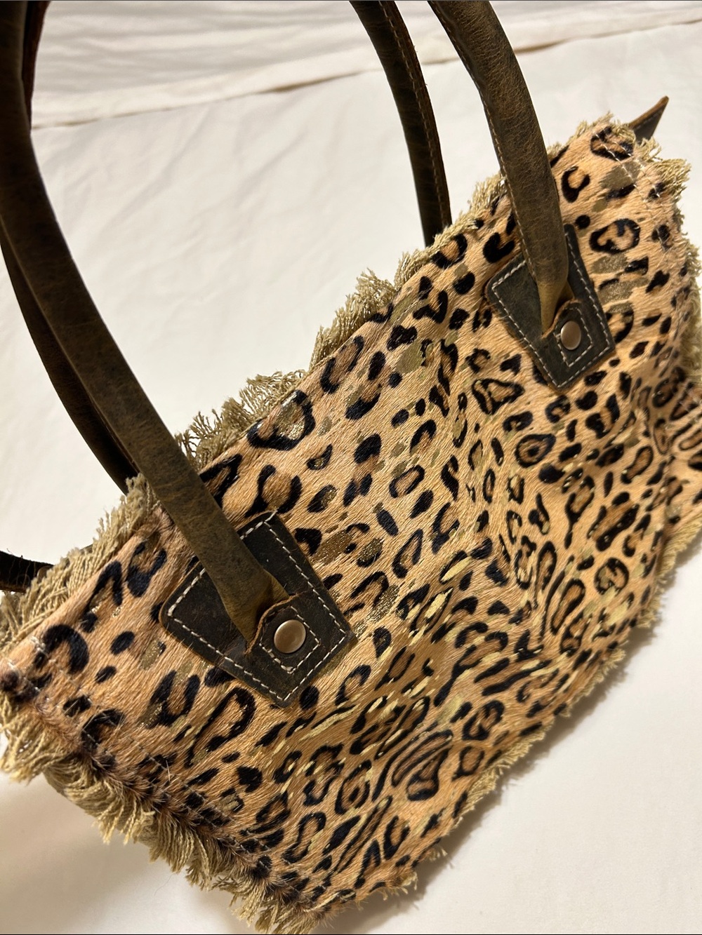 Myra Bag Leopard Print Fringe Shoulder Tote in Tan and Black